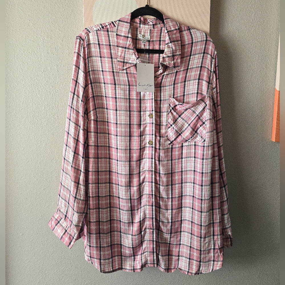 1X LOVE, FIRE Plaid Button-Down Top - Pink